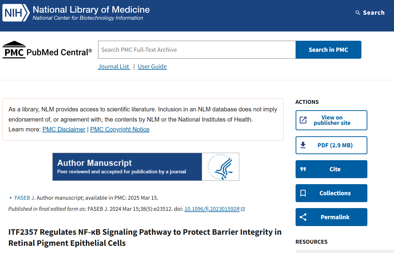 ITF2357 regulates NF-κB signaling pathway to protect barrier integrity in retinal pigment epithelial cells